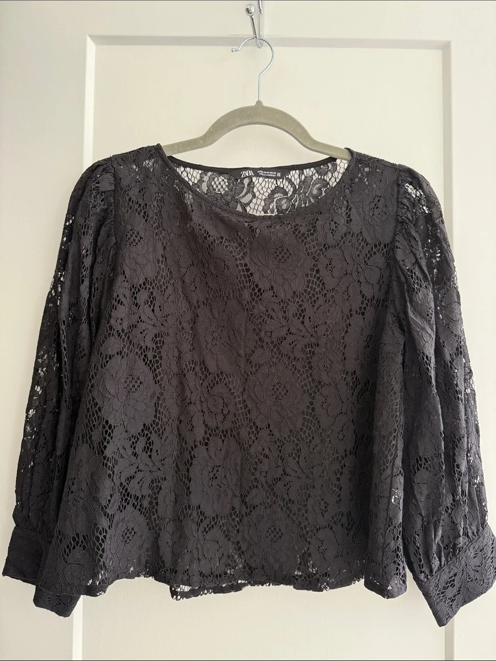 Zara Black Floral Lace Sheer Long Sleeve Blouse Top Size M